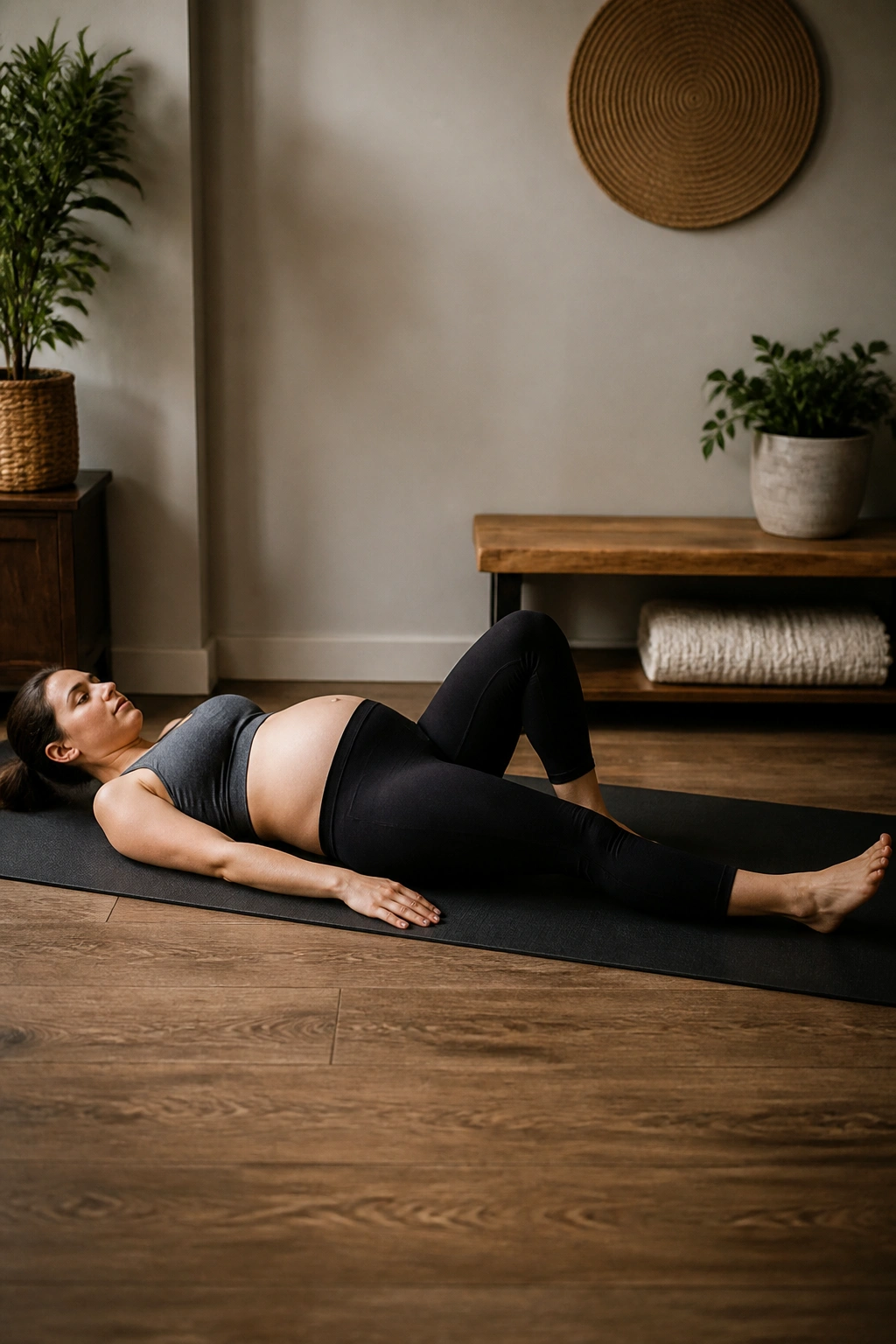 Pregnant woman performing heel slides on floor