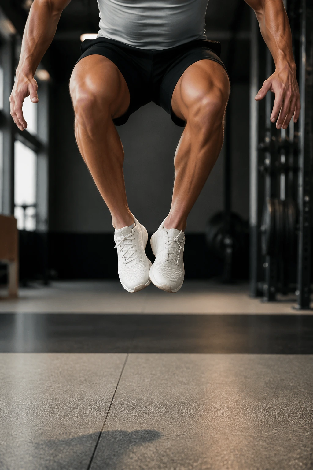 Athlete performing heel-tap squat jump with heels tapping midair.