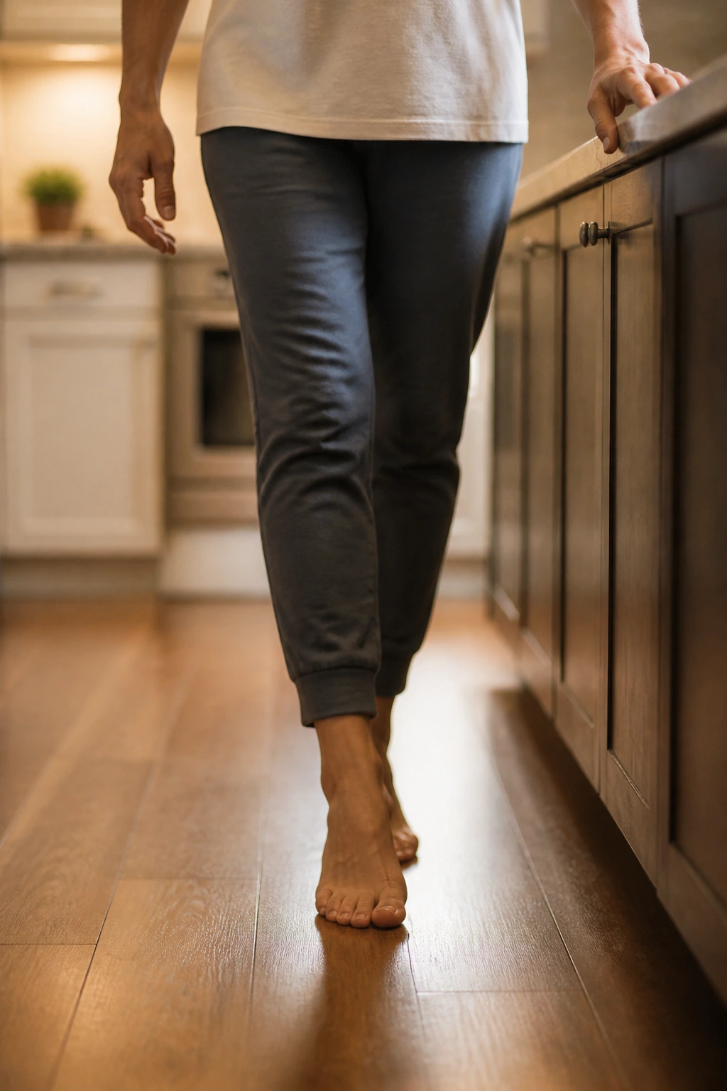 Senior performing heel-to-toe walk along a kitchen counter