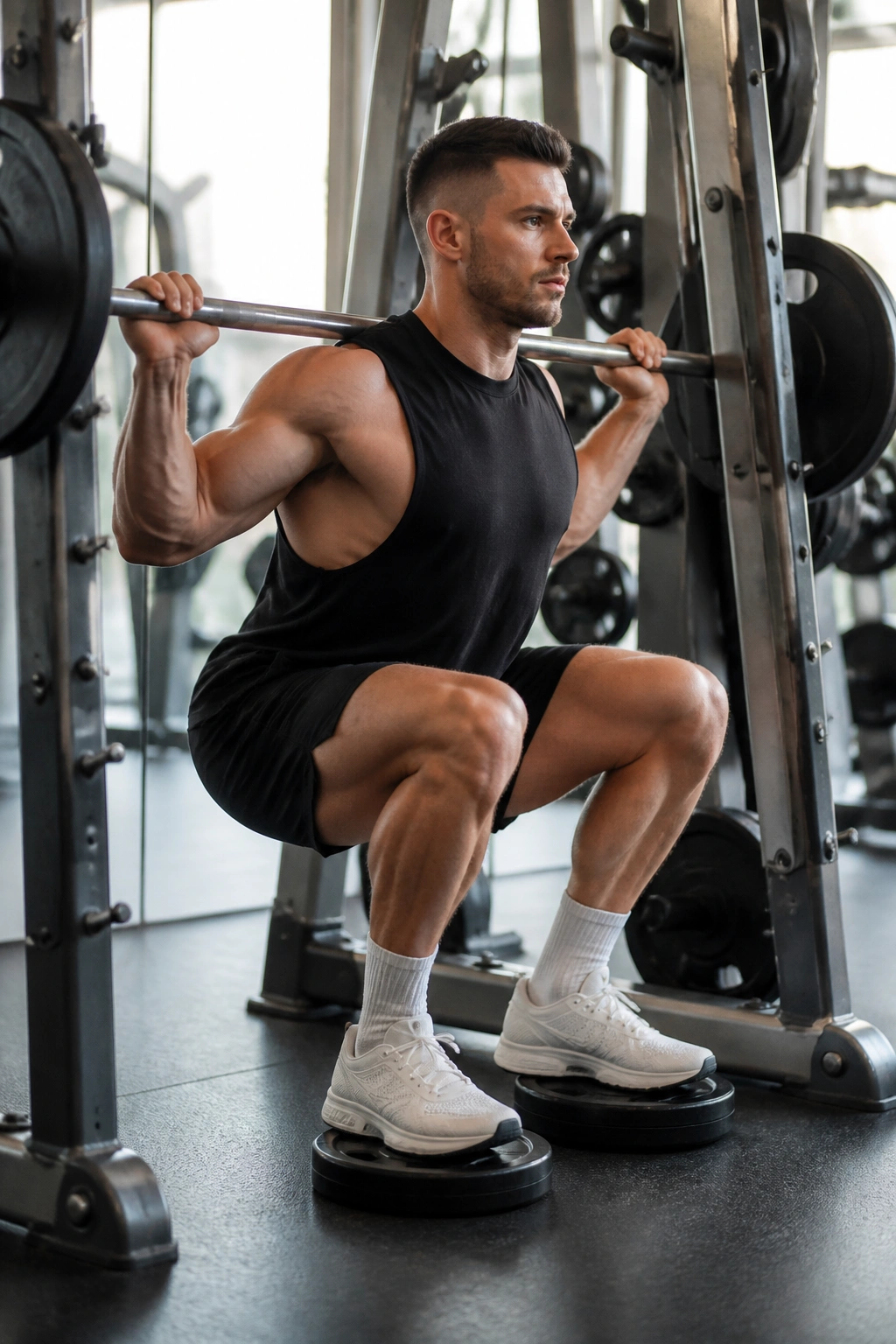 Close-up of lifter performing heels-elevated Smith squat in gym