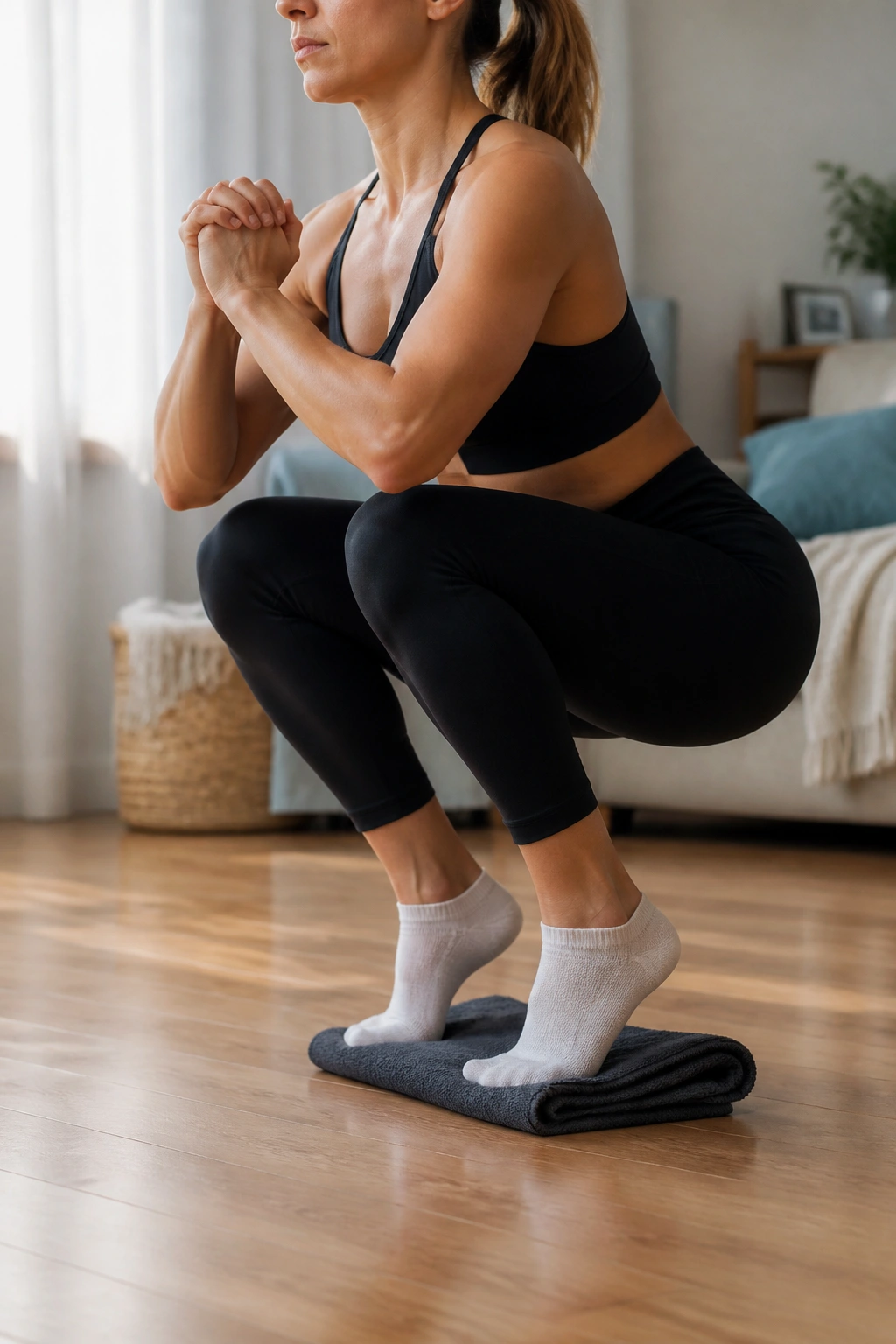 Real person performing heels-elevated squat with wedge under heels in a home room.