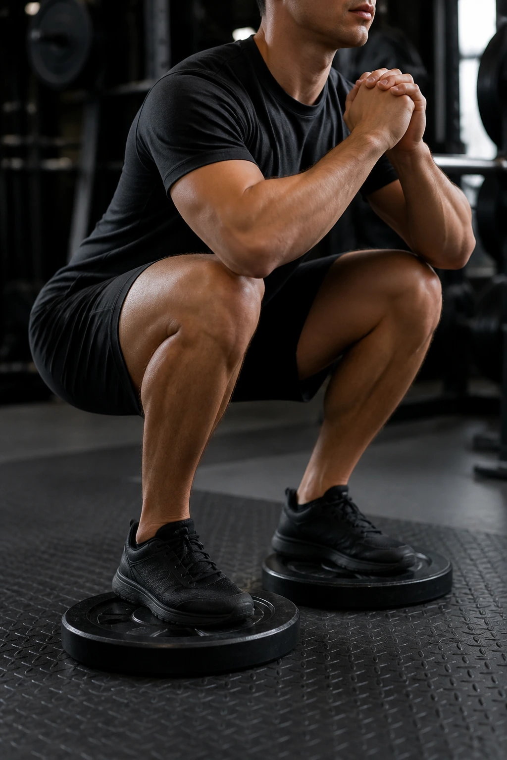 Lifter performing heels-elevated squat on plates in gym
