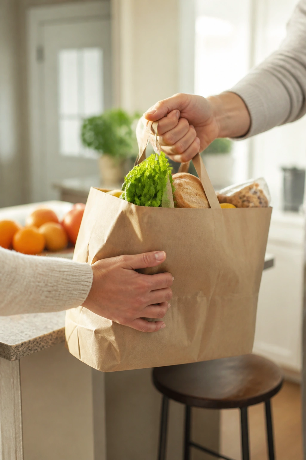 Hands exchanging groceries to save steps in a home kitchen.