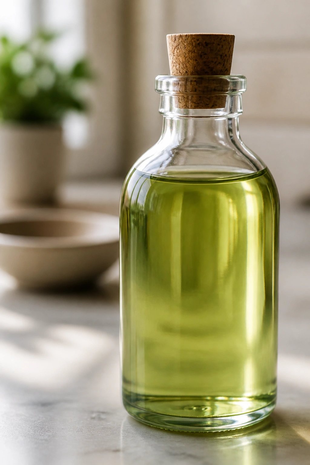 Close-up of hemp seed oil bottle on counter