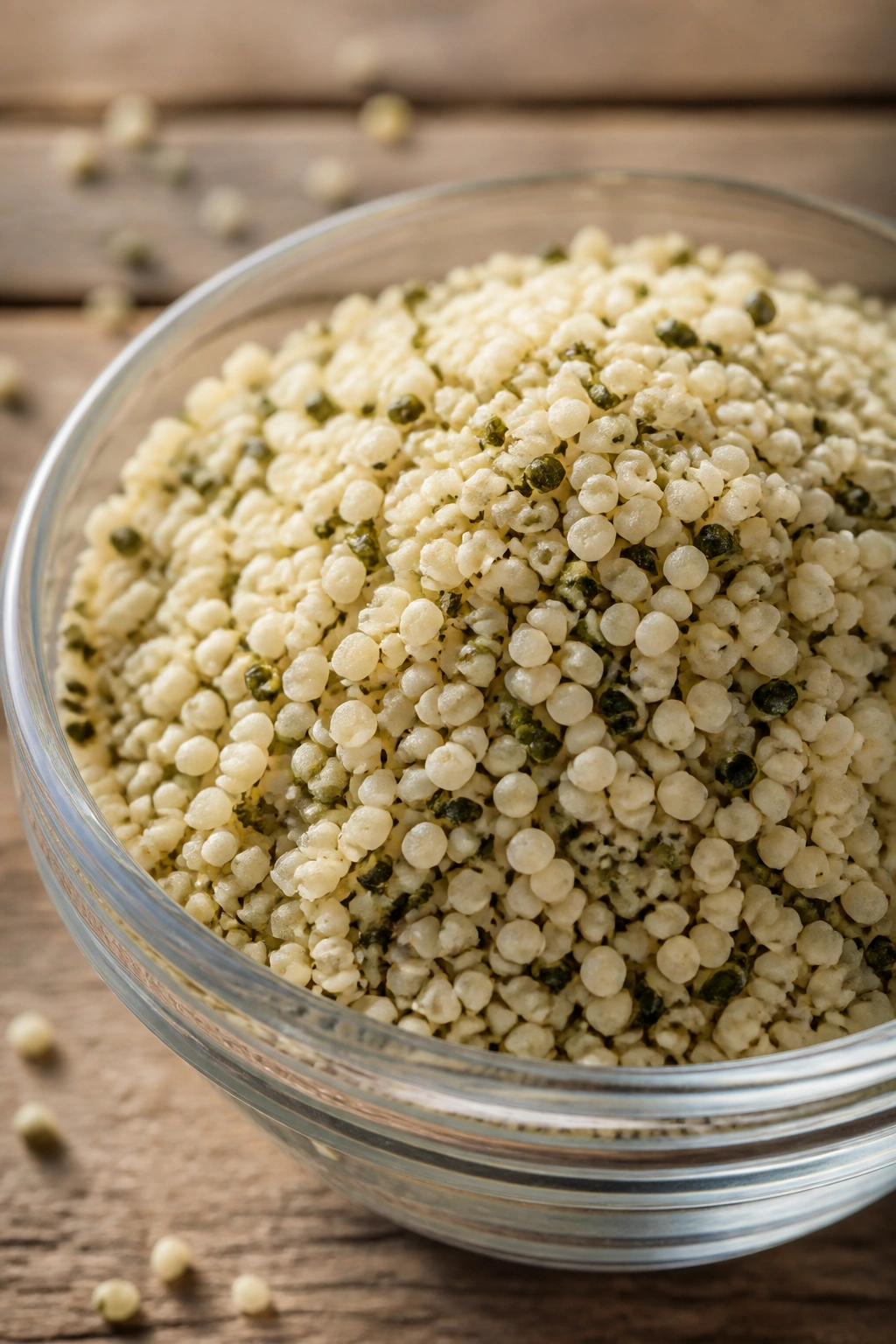 Close-up of hemp seeds in a small glass bowl on a wooden table
