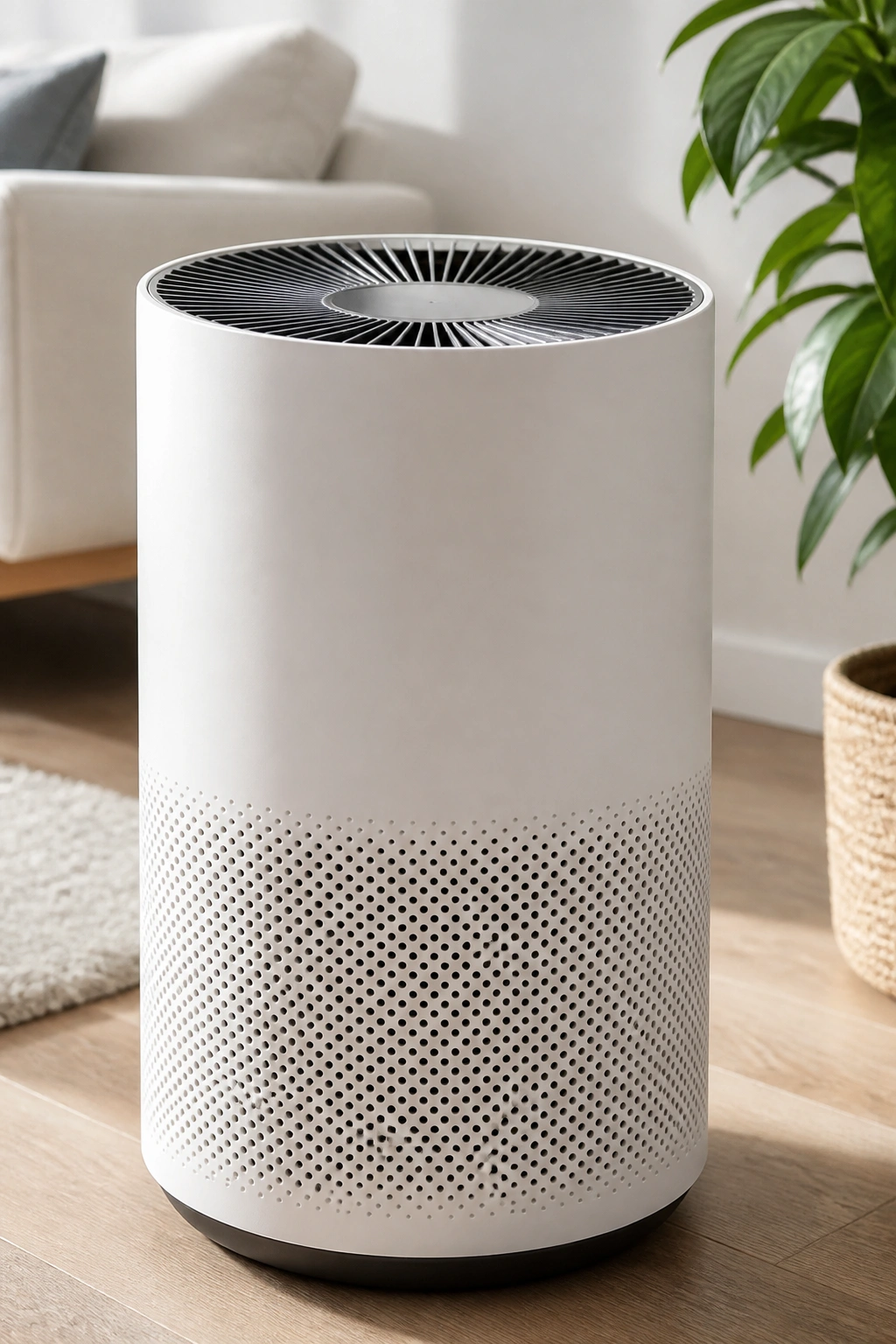 White HEPA air purifier in a bright living room.