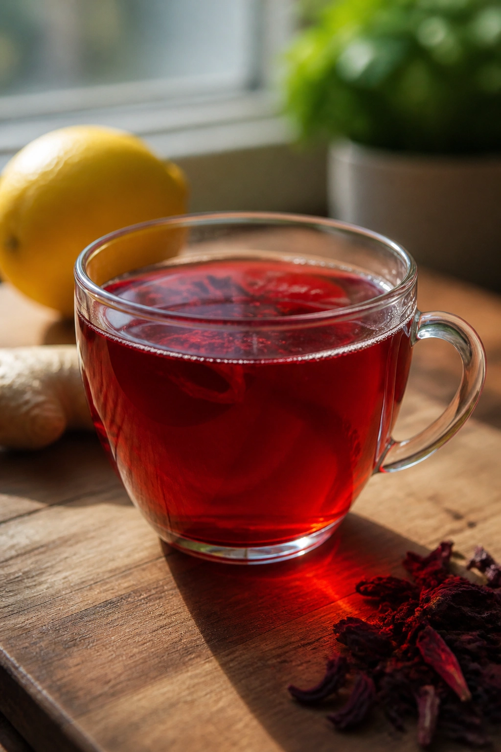 Close-up of bright red hibiscus tea in a glass cup on a wooden counter