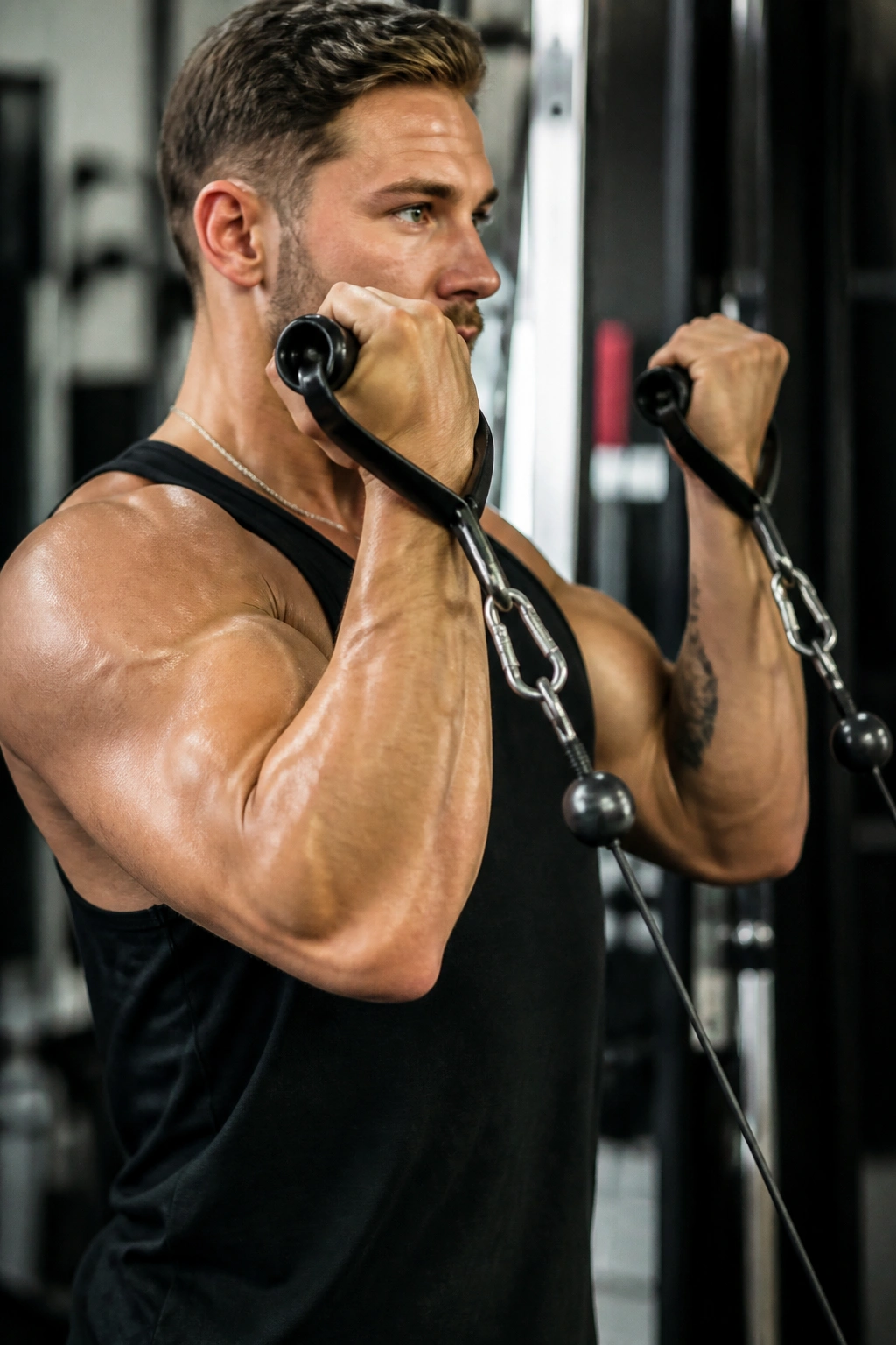 Close-up of a lifter performing High Cable Curl with elevated elbows