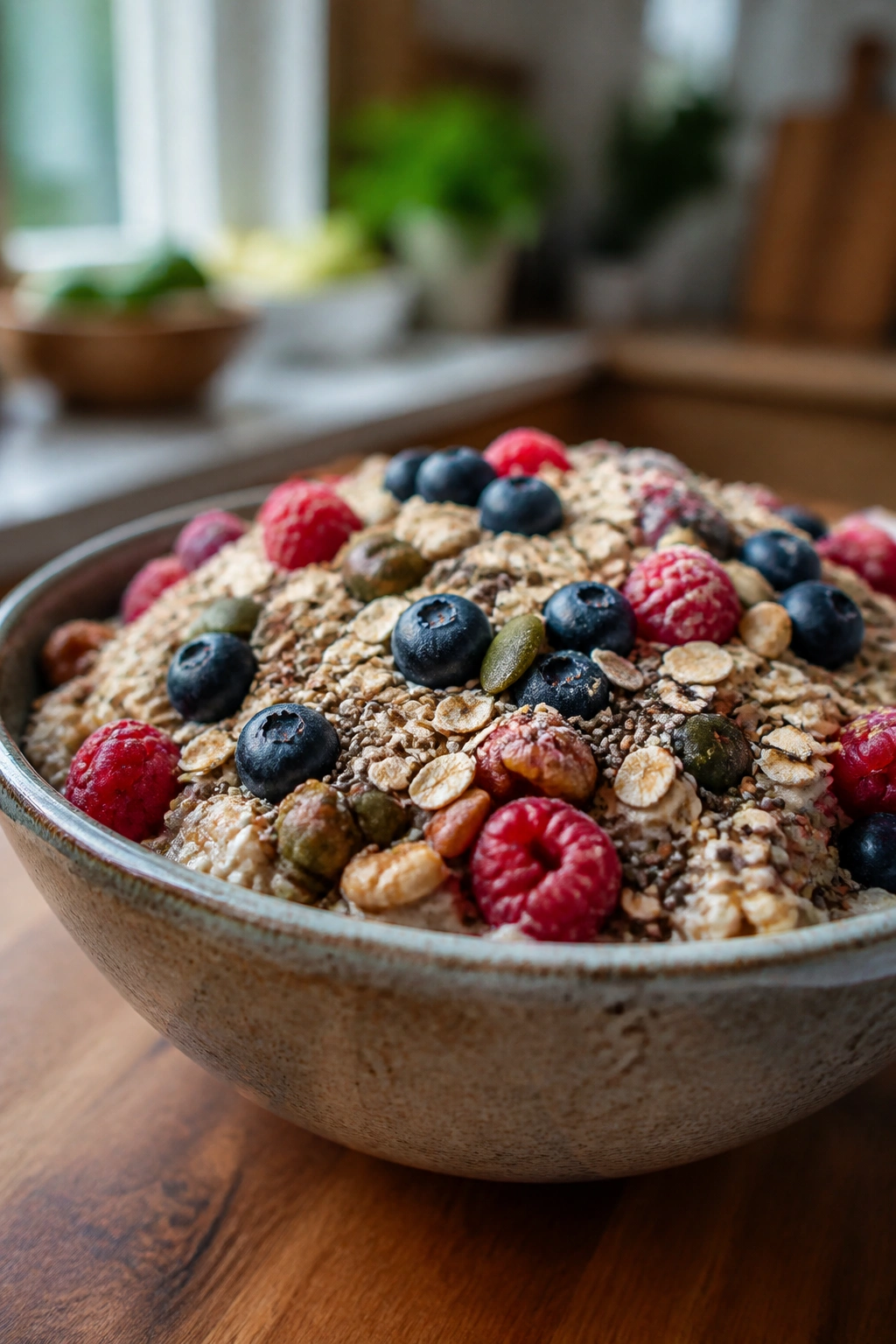 Close-up bowl of high-fiber foods including oats berries and seeds