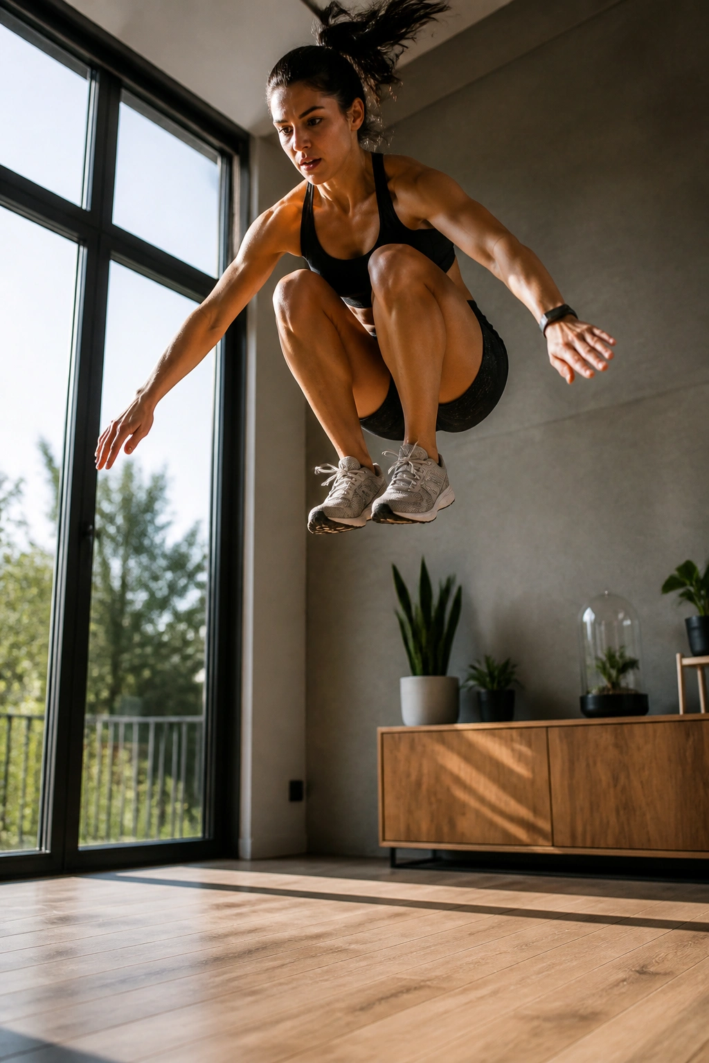 Person performing a tuck jump in a home setting