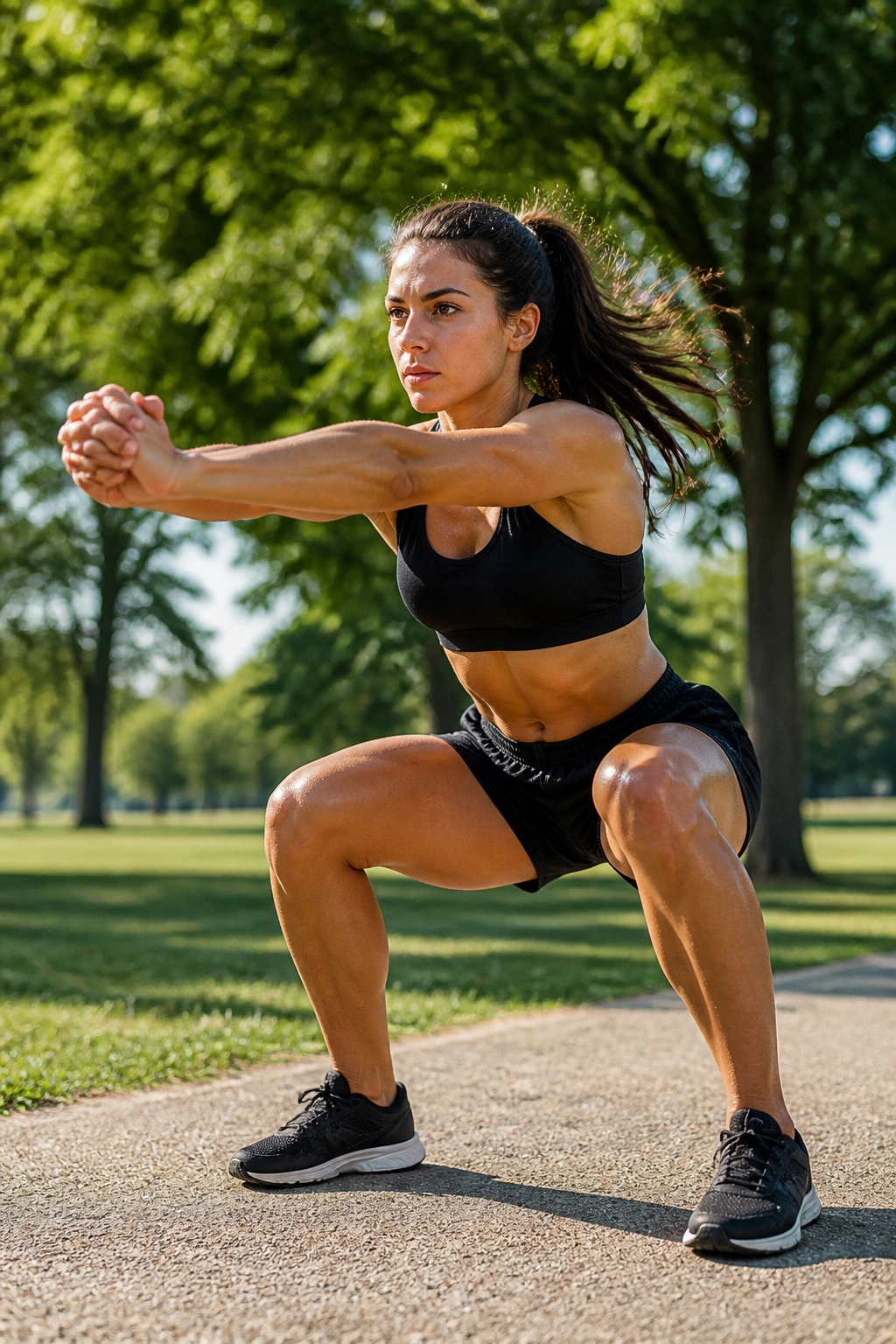 Athlete performing explosive air squats in a park