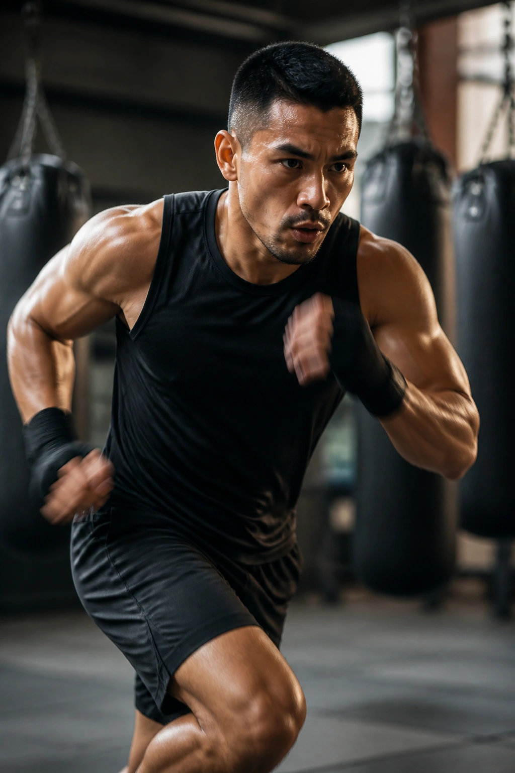 Action shot of a fighter performing a 30-second sprint drill in a gym.
