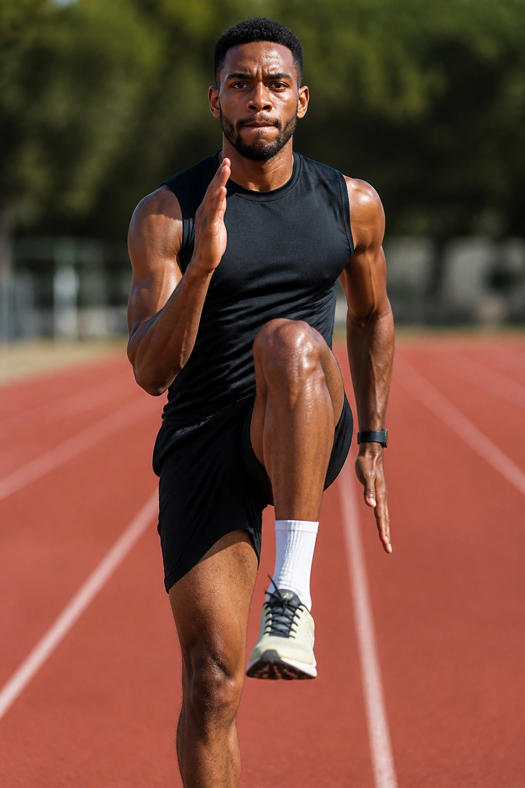 Medium close-up of athlete performing high-knee drills on track, knee lifted, foot dorsiflexed.