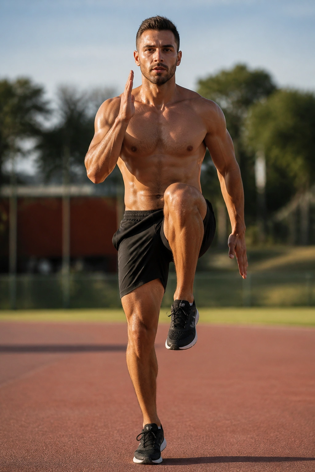Person performing high knees on an outdoor track