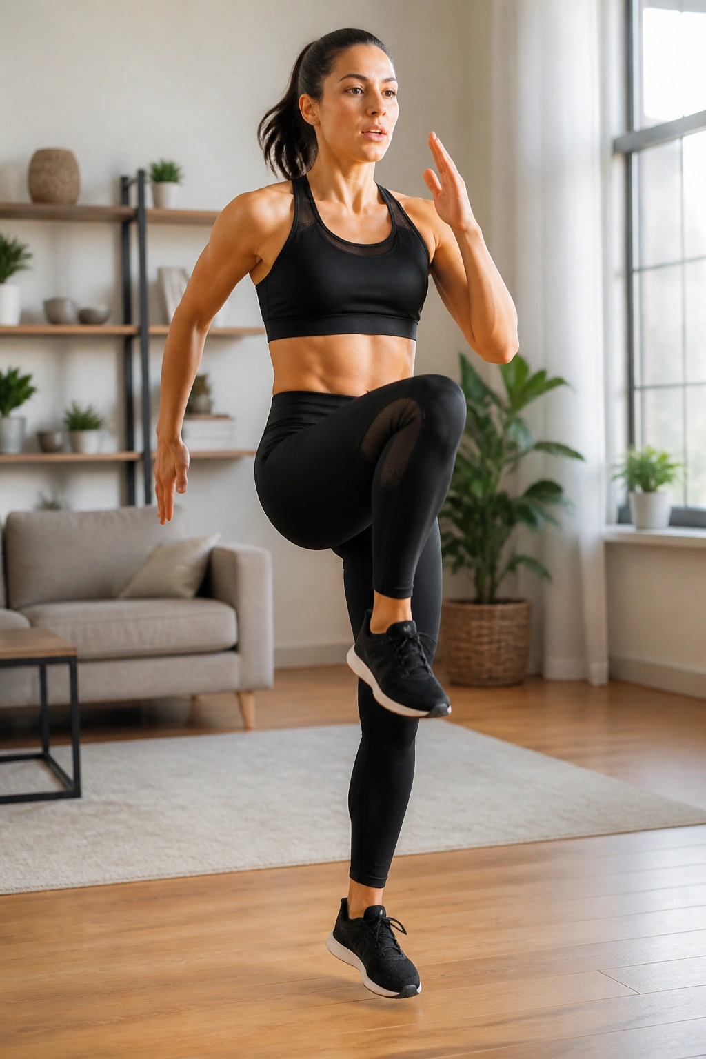 Close-up of a person performing high knees in a living room