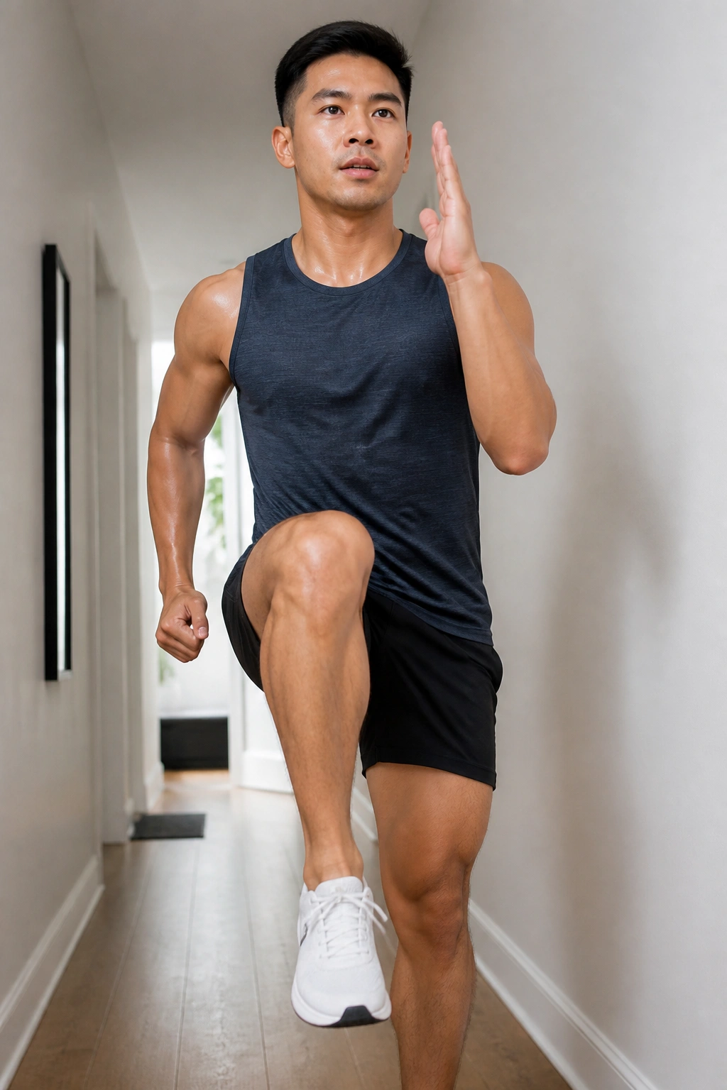 Medium close-up of a person performing high knees in a bright hallway