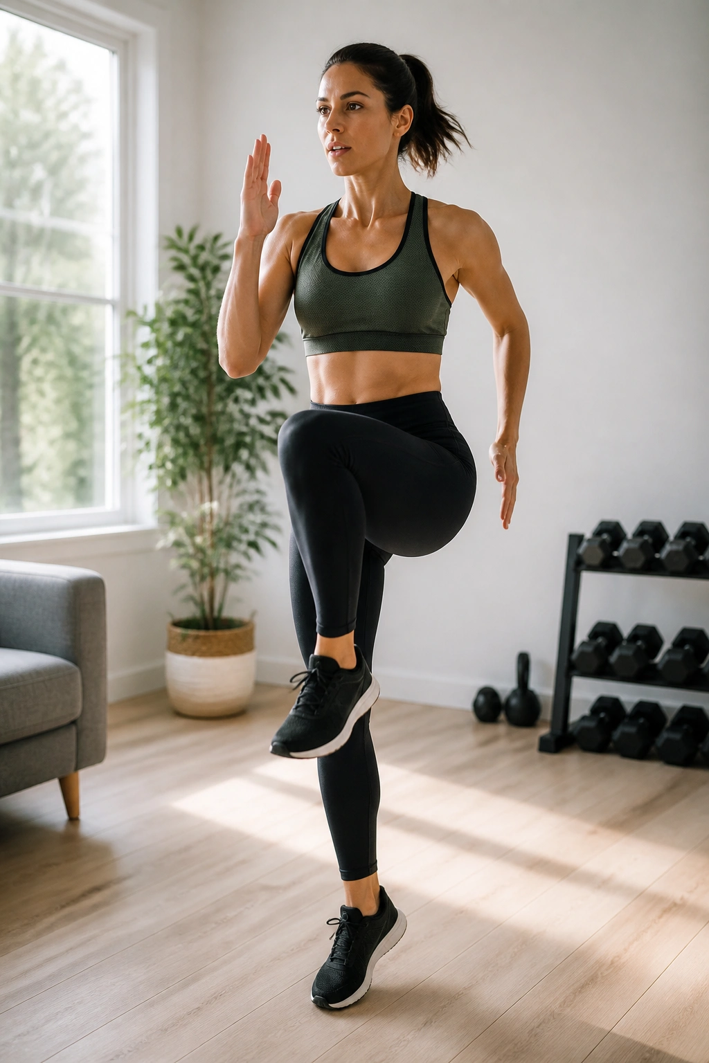 Person performing high knees in a home setting