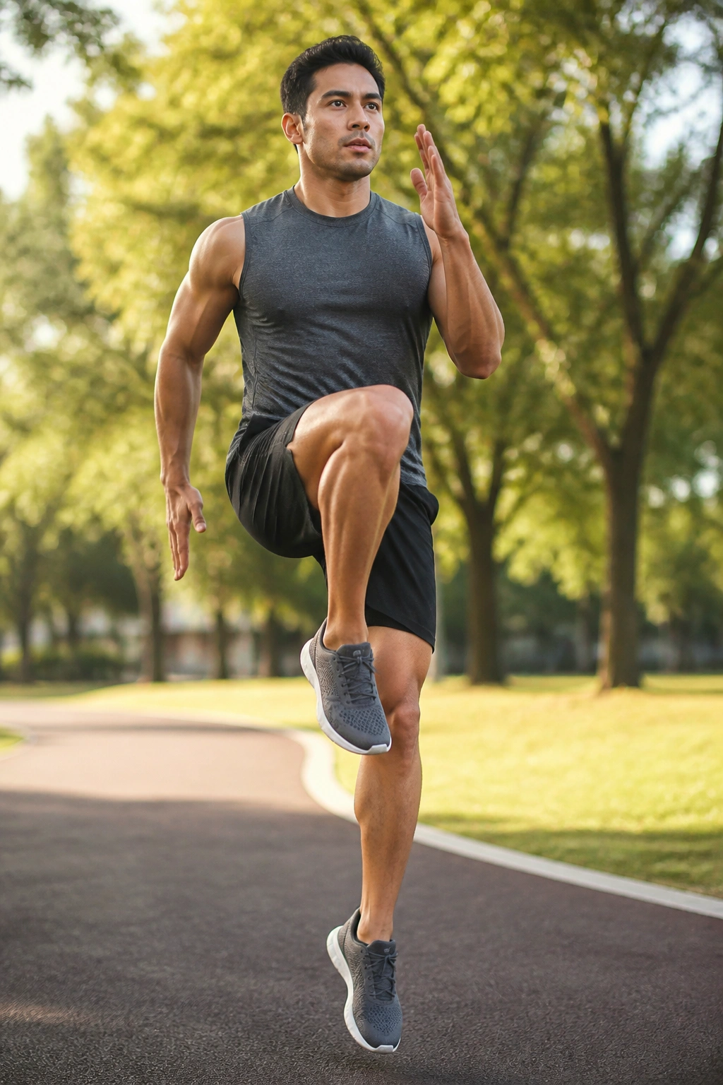 Person performing high knees in a park, knees at waist height and arms pumping