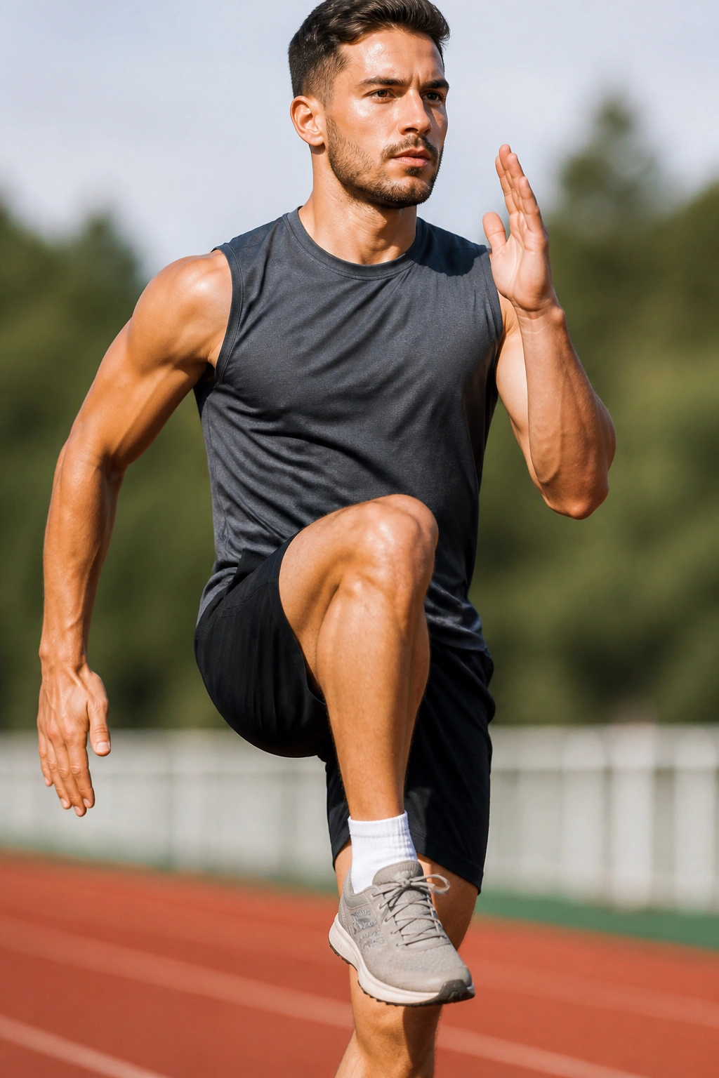 Close-up of a runner performing High Knees outdoors with fast leg turnover.