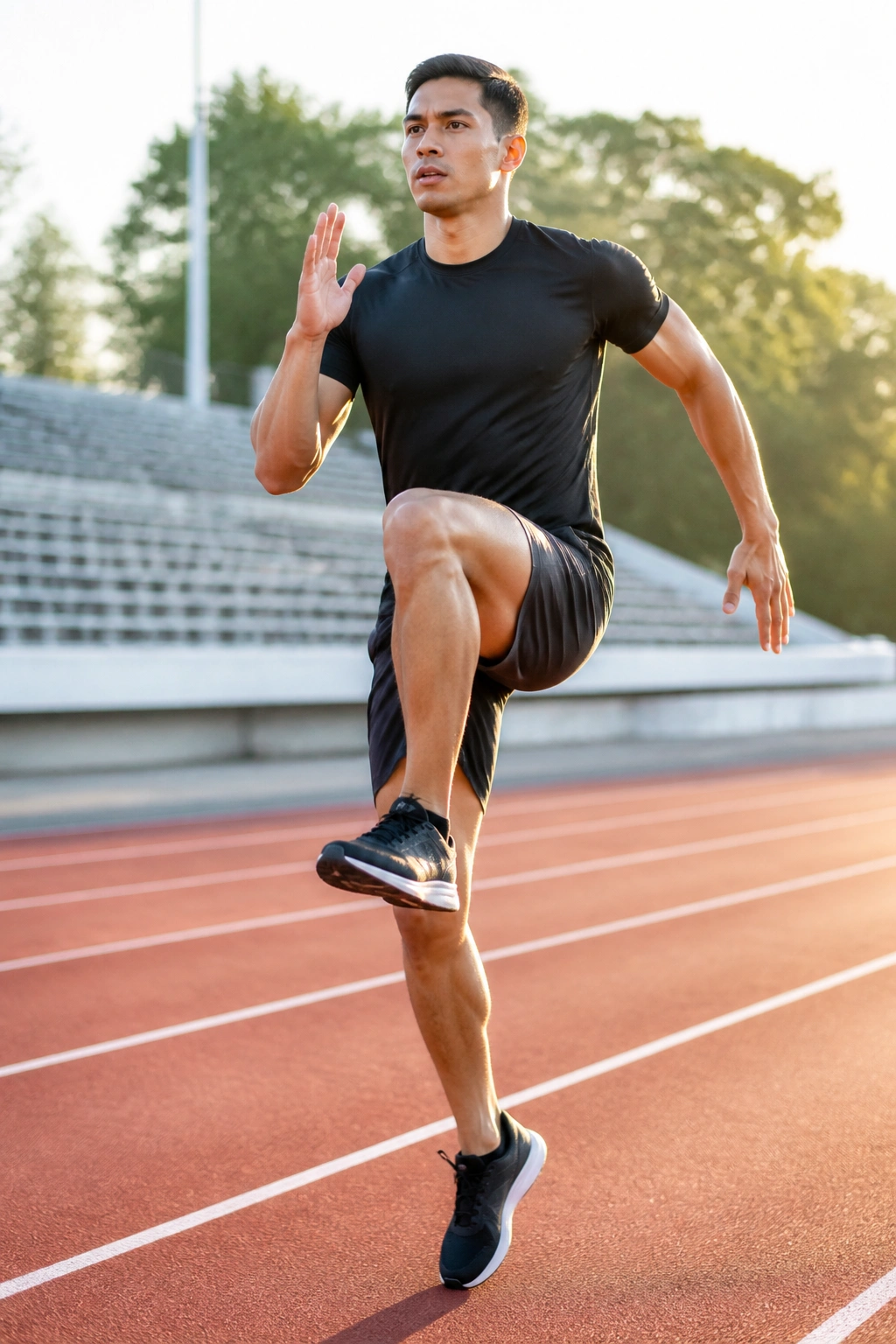 Close-up action shot of athlete performing high knees on a track during morning training