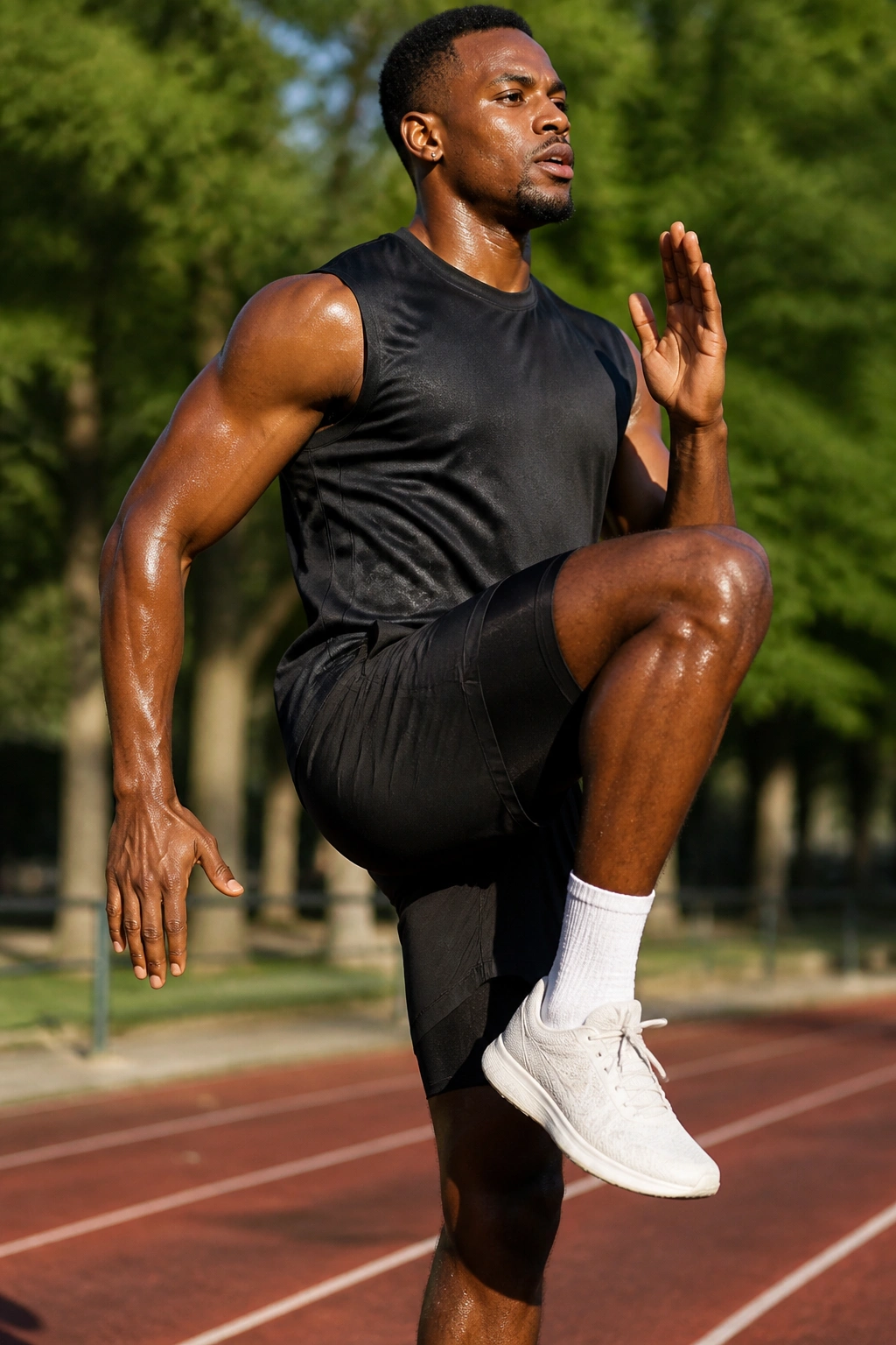 Athlete performing high knees on outdoor track in morning light