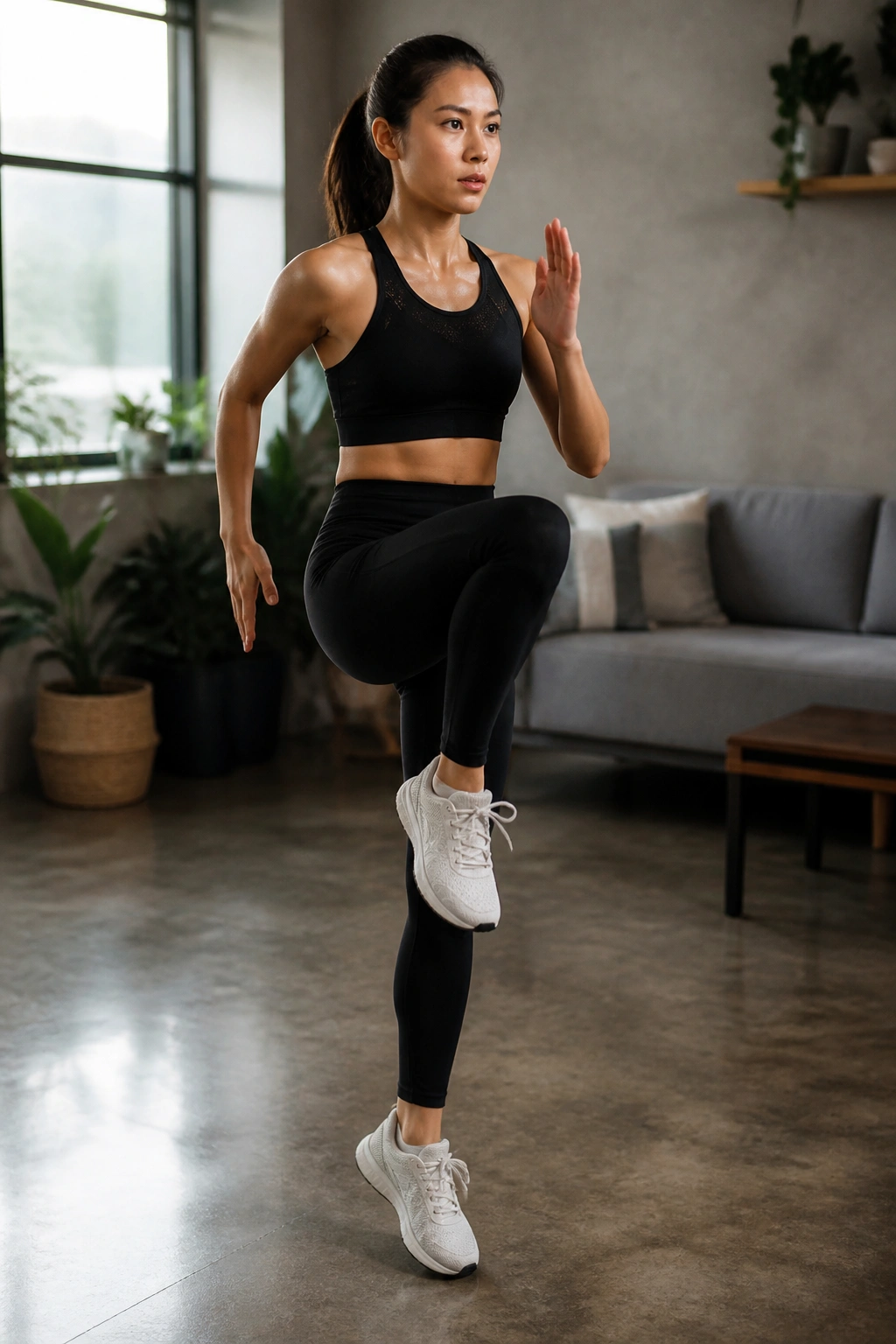 Mid-shot of a person performing high knees in a small space