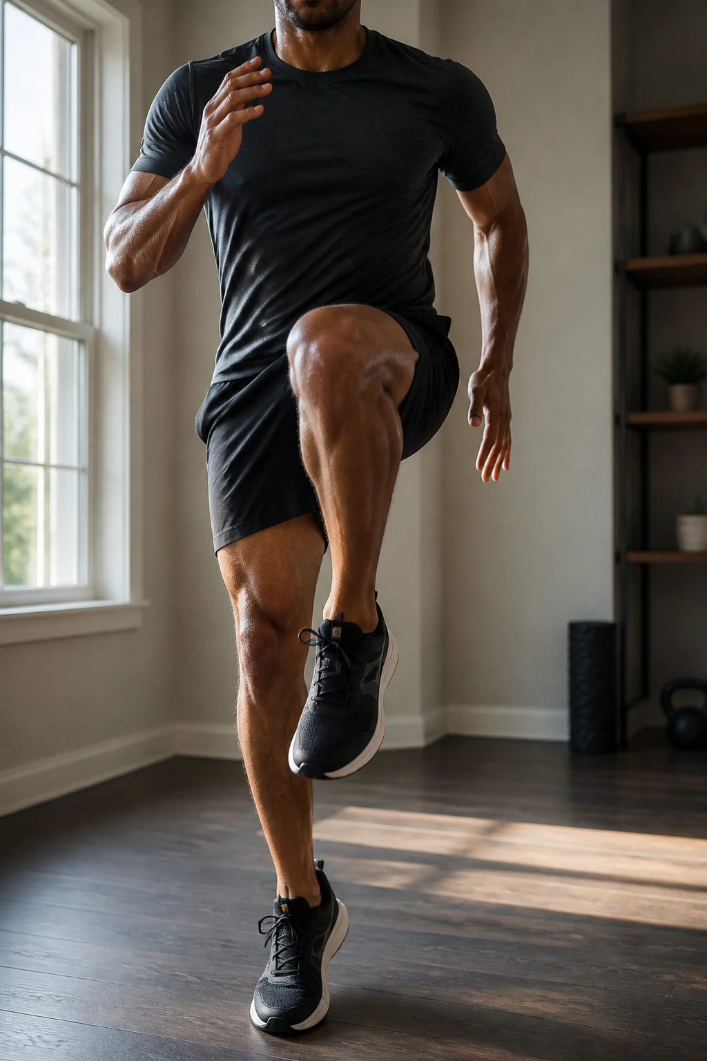 Close-up of a person performing high-knee sprints in a small home area