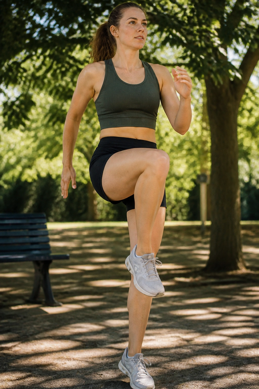 Person performing marching high knees in a shaded park