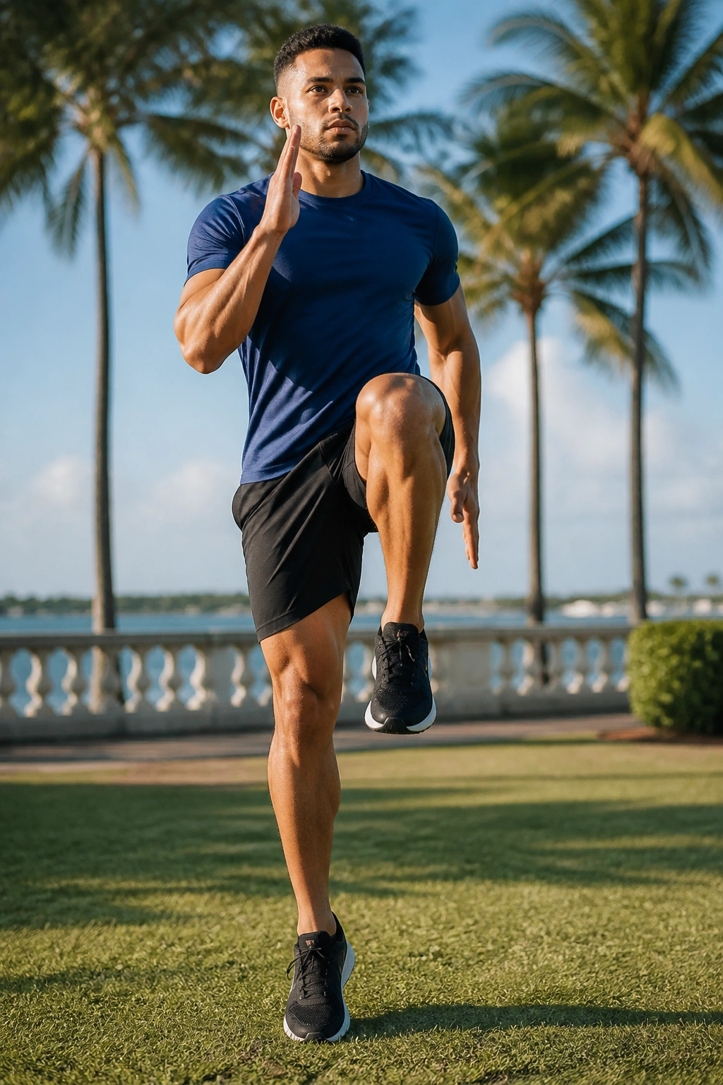 Athlete performing marching high knees during warm-up