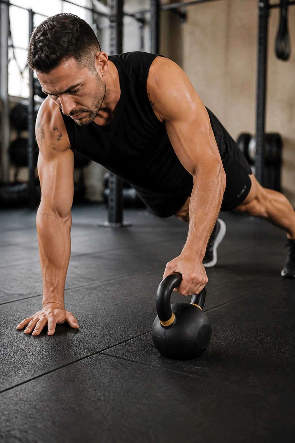 Person in high plank passing a kettlebell across the body.