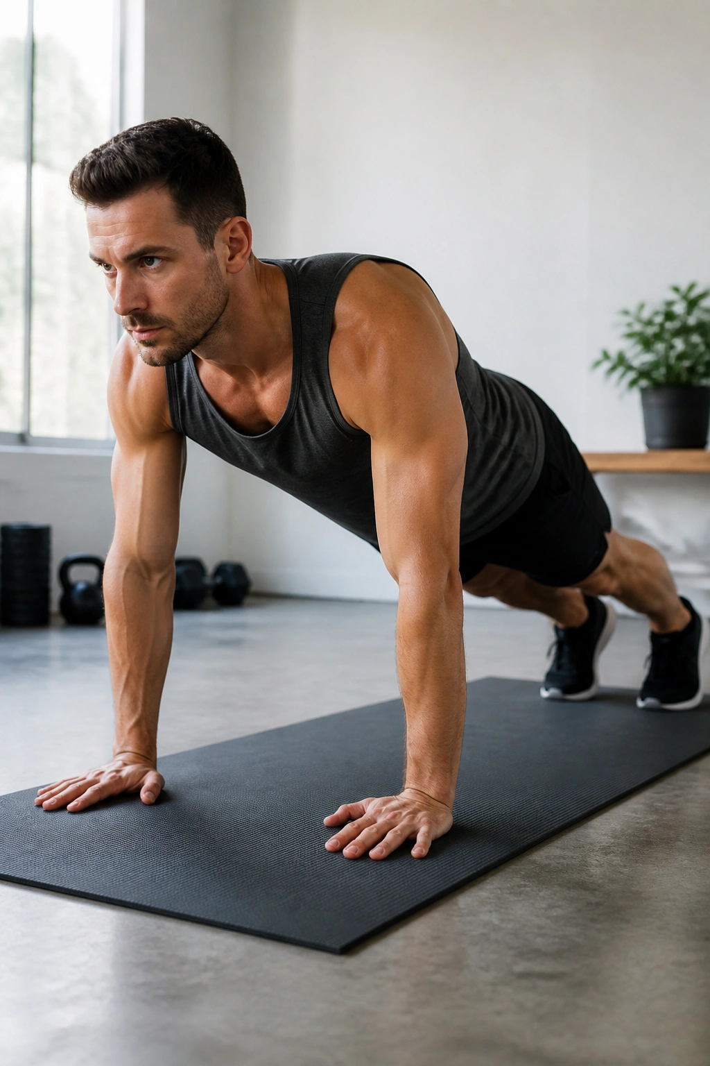 Person in high plank position with straight back and engaged core on a mat