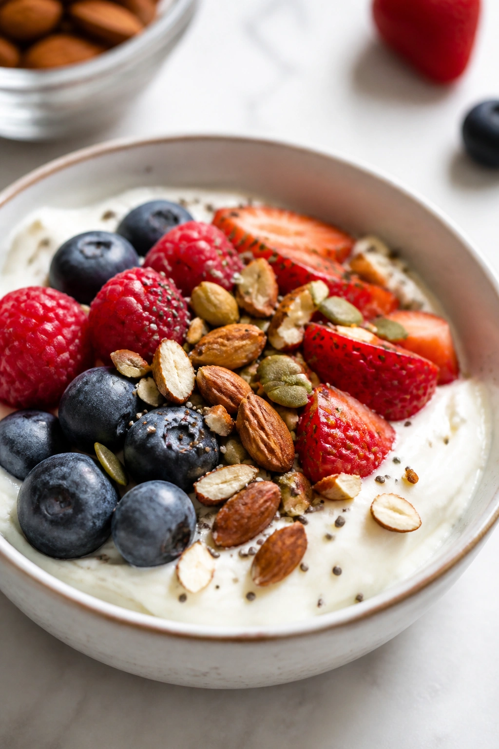 Bowl of Greek yogurt with berries and nuts as a protein- and fiber-rich snack