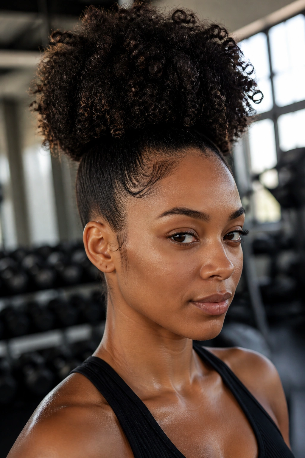 Close-up of a real woman with a high puff hairstyle during exercise