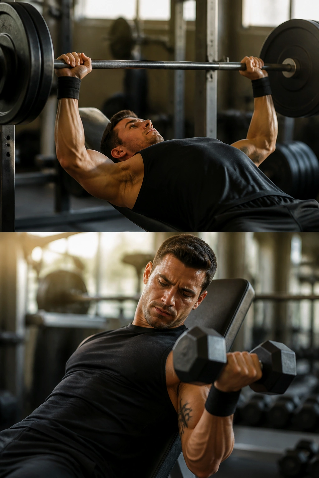 Lifter performing high-rep accessory after a heavy main lift