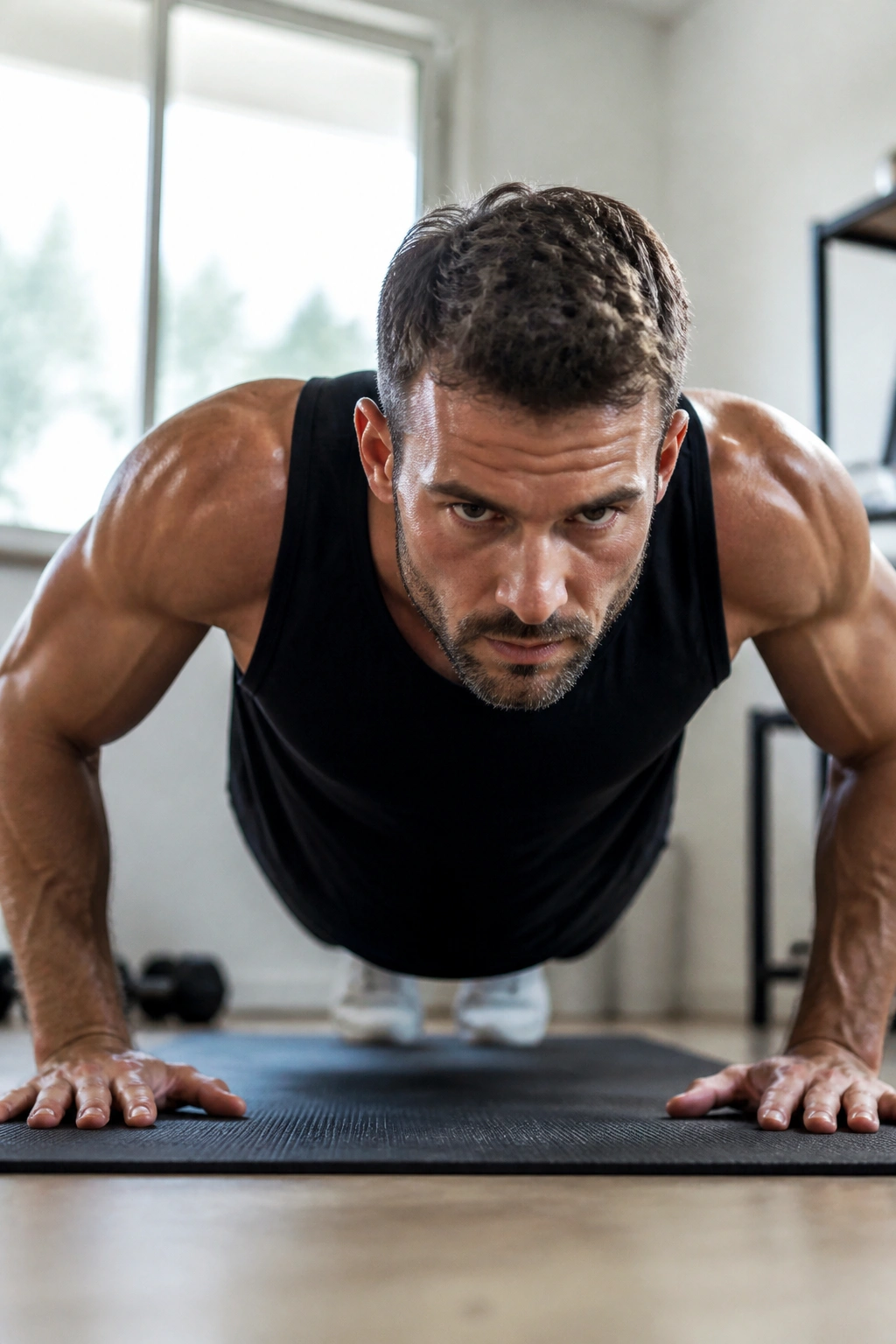 Medium close-up of a person performing push-ups with a focused expression at home