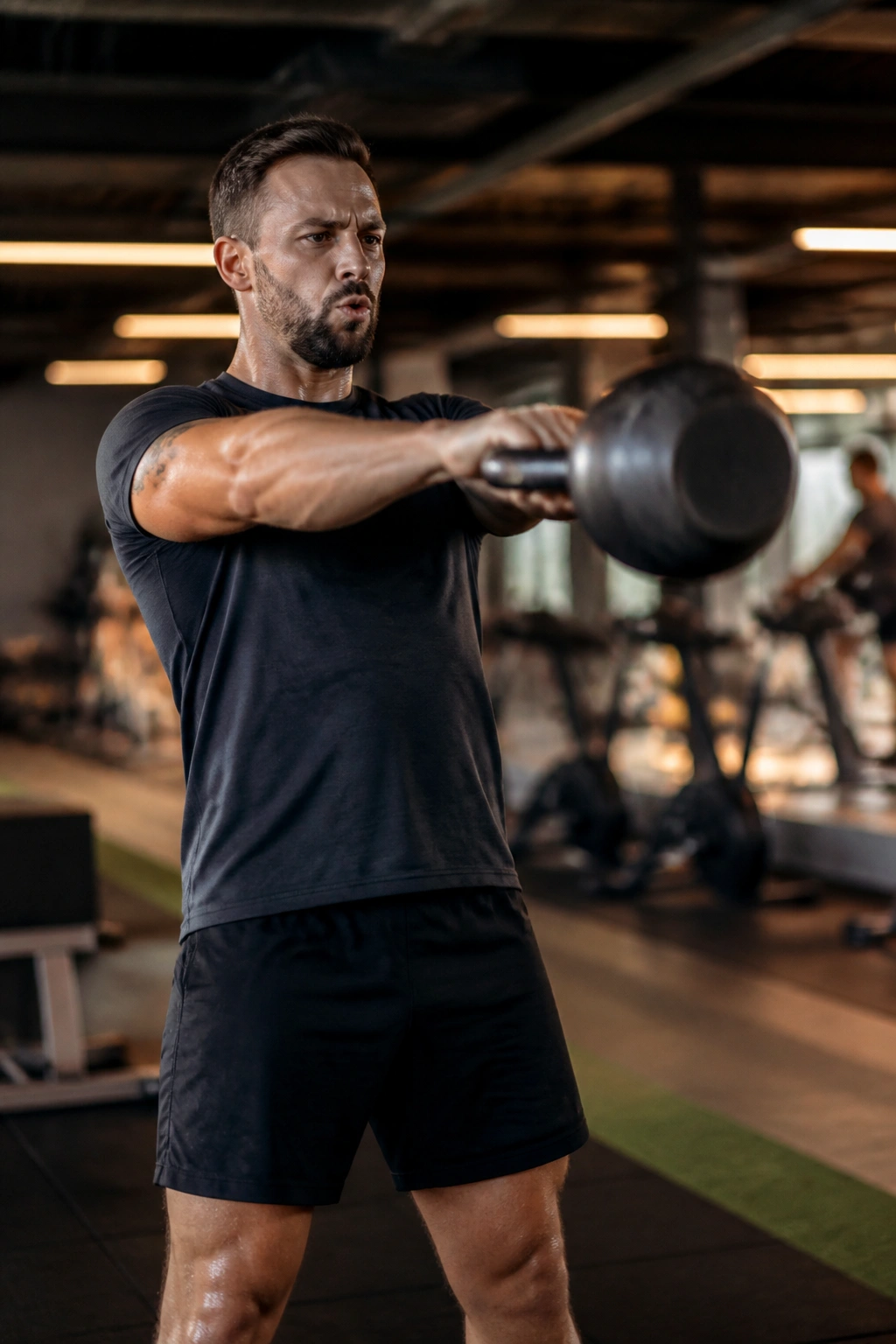 Mid-shot of athlete performing a kettlebell swing finisher in a gym, intense effort.