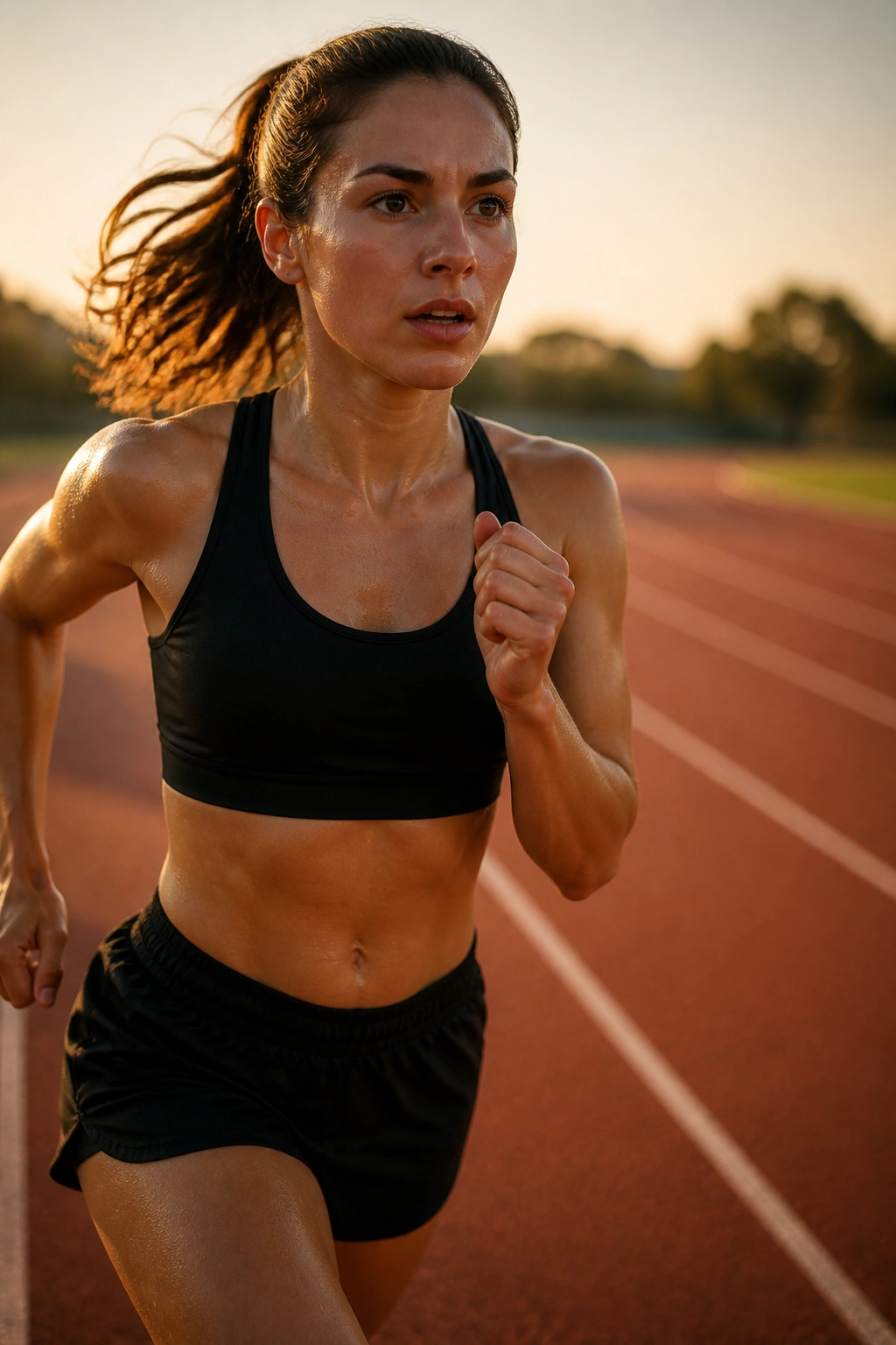 Athlete mid-stride on outdoor track performing a 30/30 interval cardio