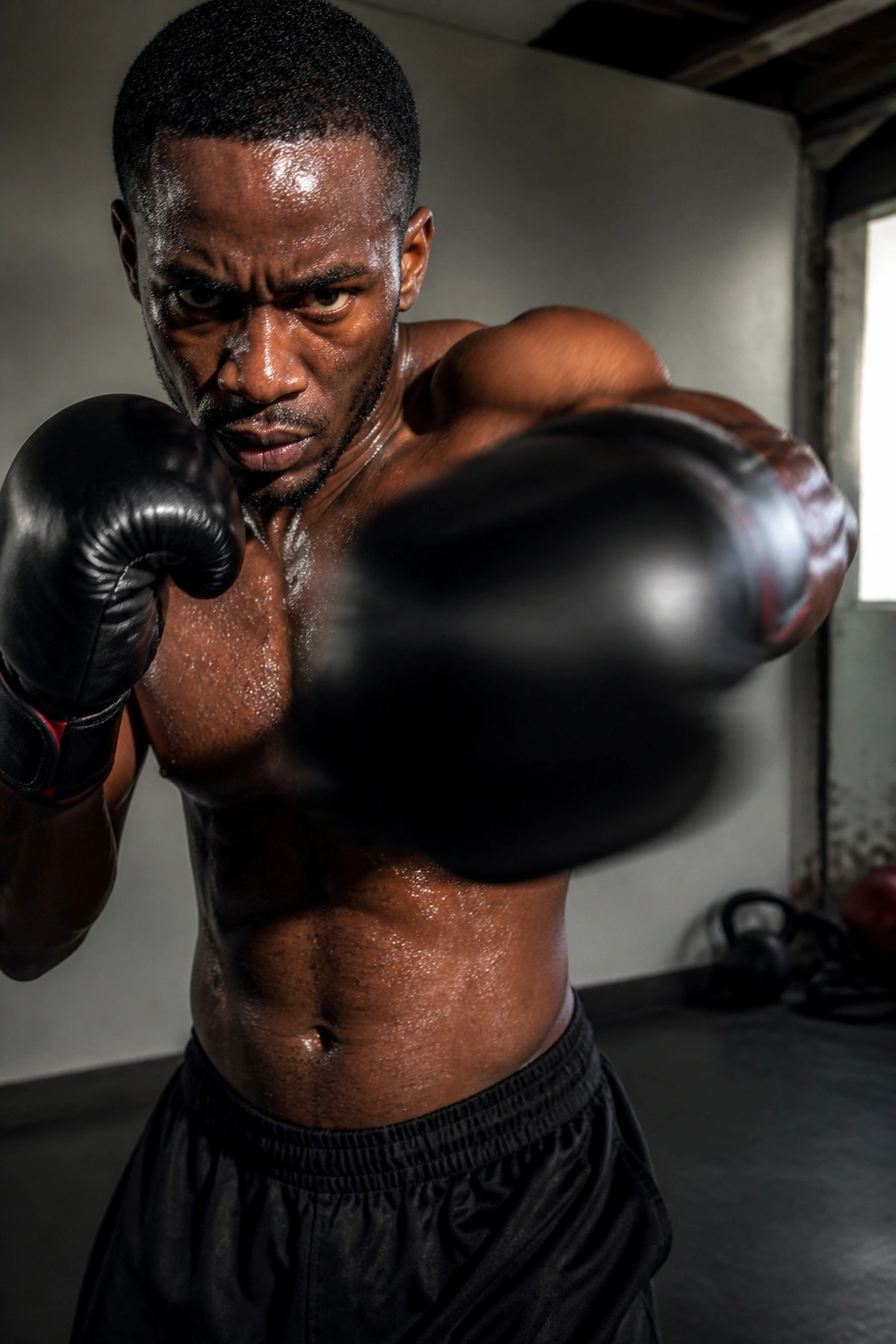Intense HIIT boxing punch in a small gym, sweat on face.
