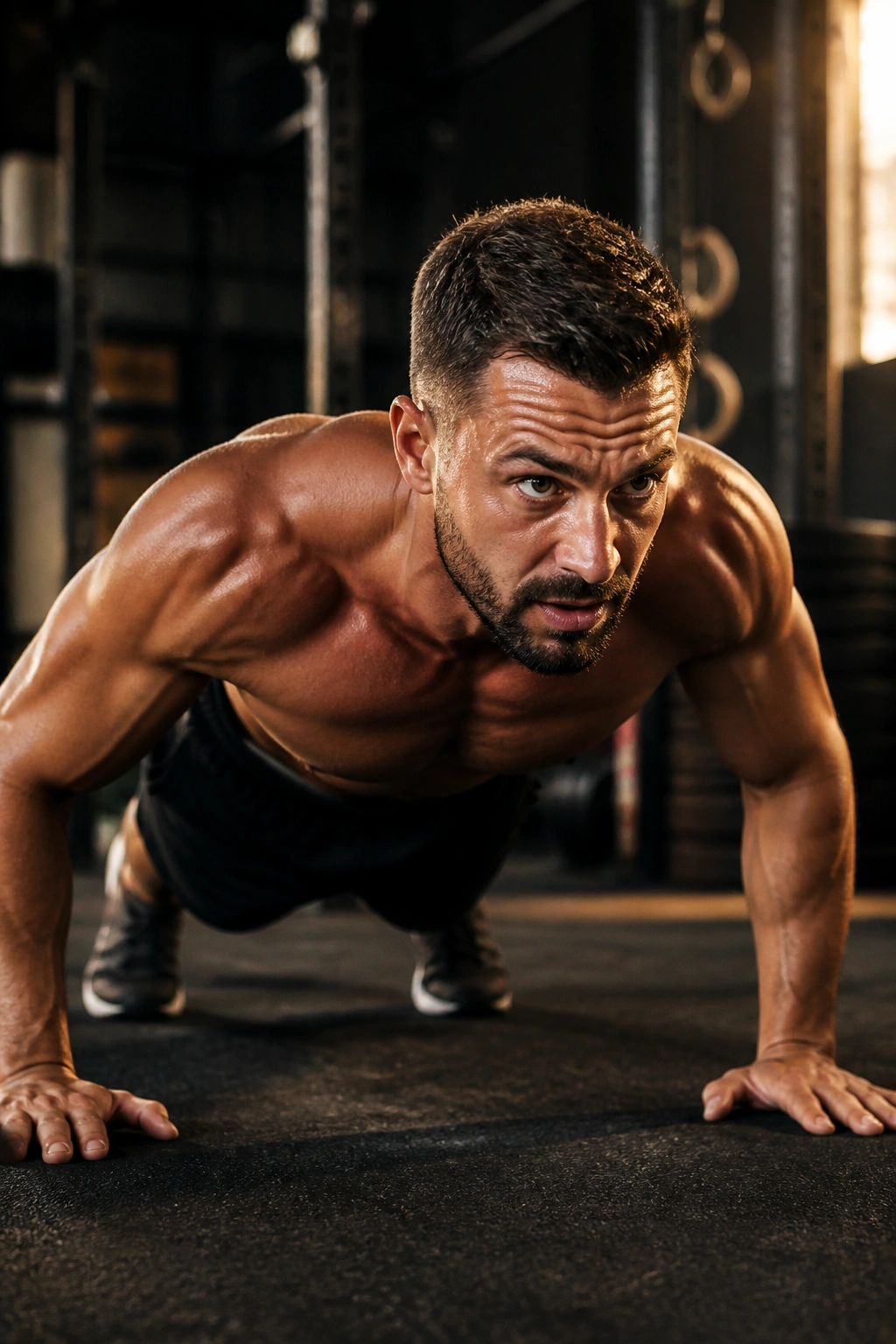Close-up of a fit athlete performing a HIIT circuit in a gym, dynamic moment