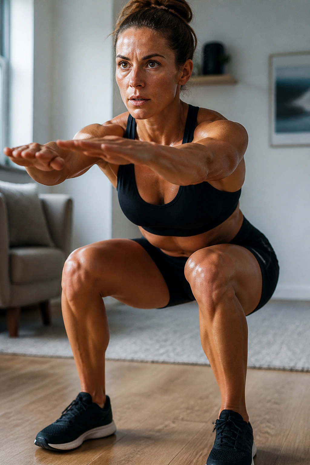 Close-up of a person performing an air squat in a home setting.