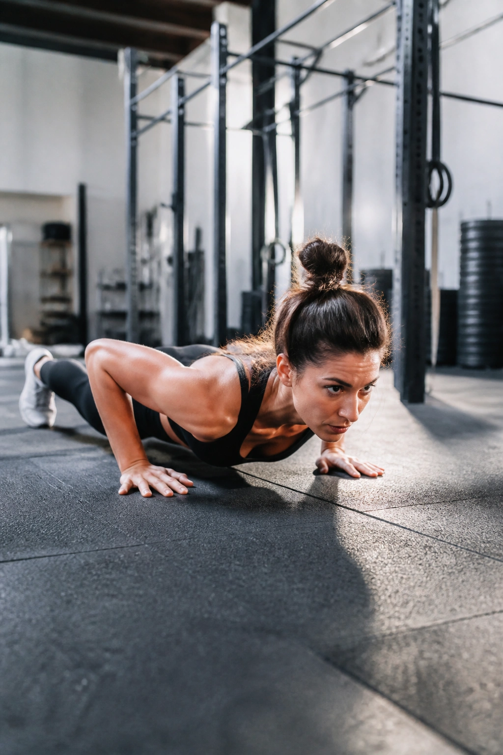 Person mid-burpee in gym during HIIT