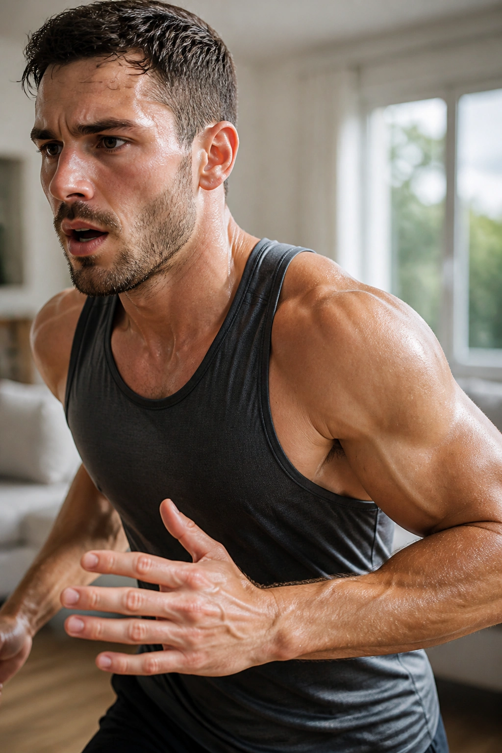 Close-up of a fit person mid-exertion during a HIIT move in a bright home living room