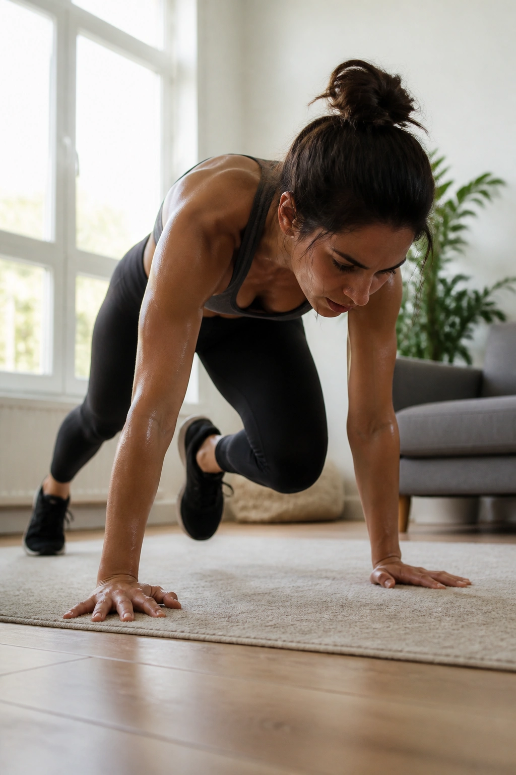 Person performing mountain climbers in a small space during home HIIT
