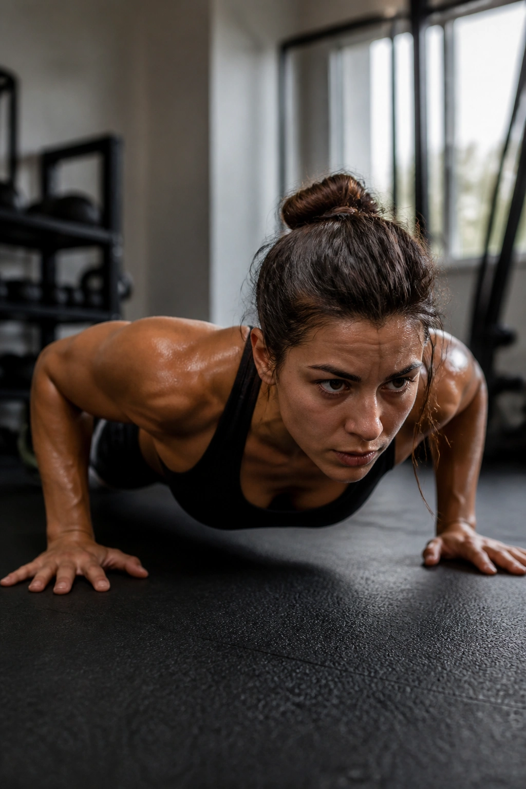 Close-up of a real person performing a push-up during a HIIT ladder workout in a home gym