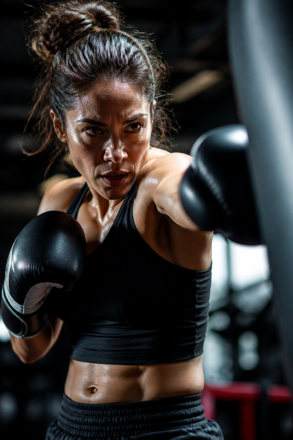 Athlete punching rapidly in a gym during HIIT interval training.