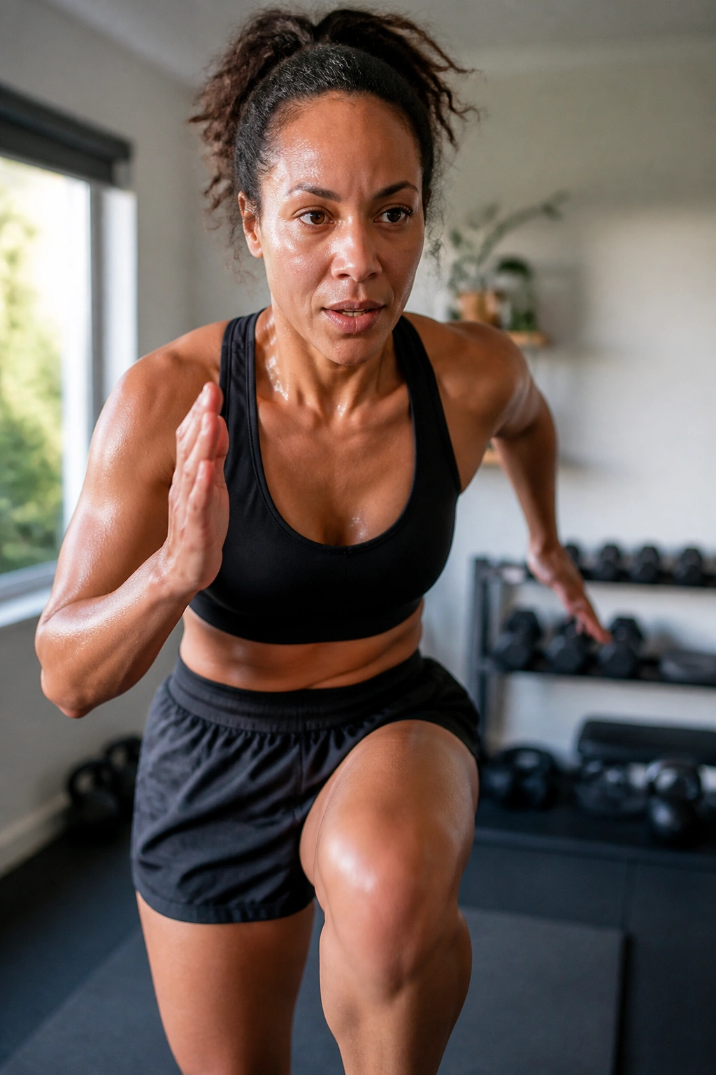 Person performing fast-paced HIIT in a home gym