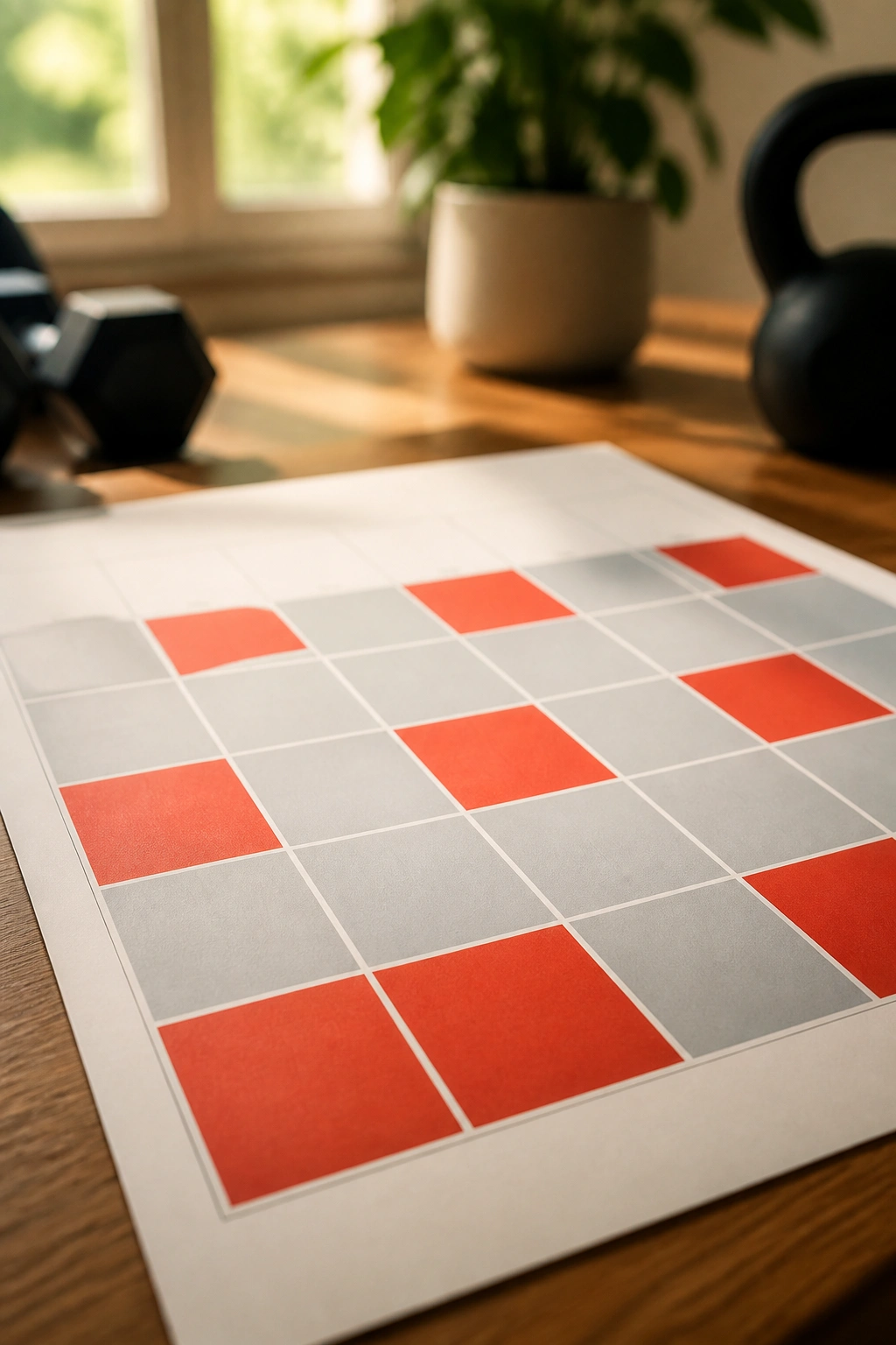 Close-up of a color-coded calendar page showing hard vs recovery days on a desk, no text
