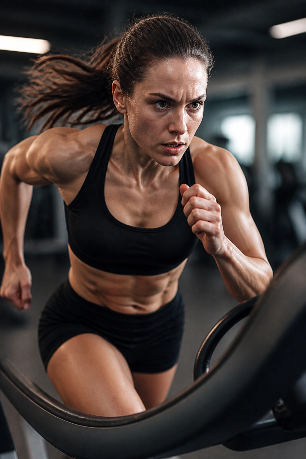 Person sprinting on treadmill in a gym during HIIT burst