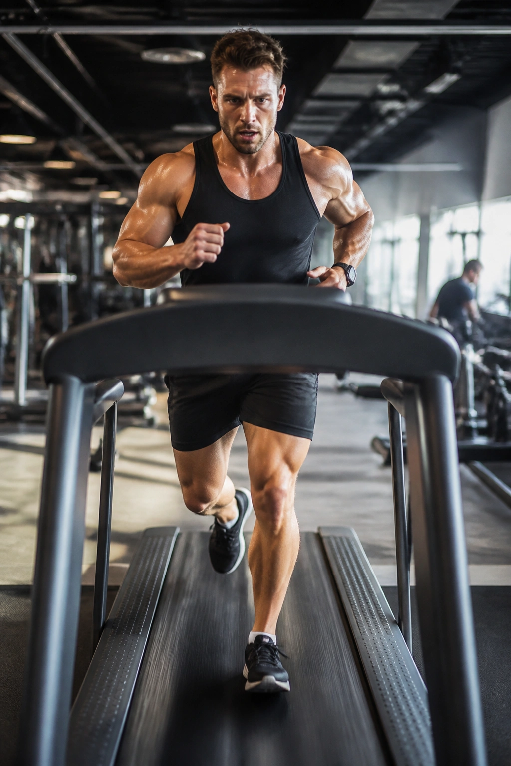 Real person performing minute-by-minute HIIT on a treadmill