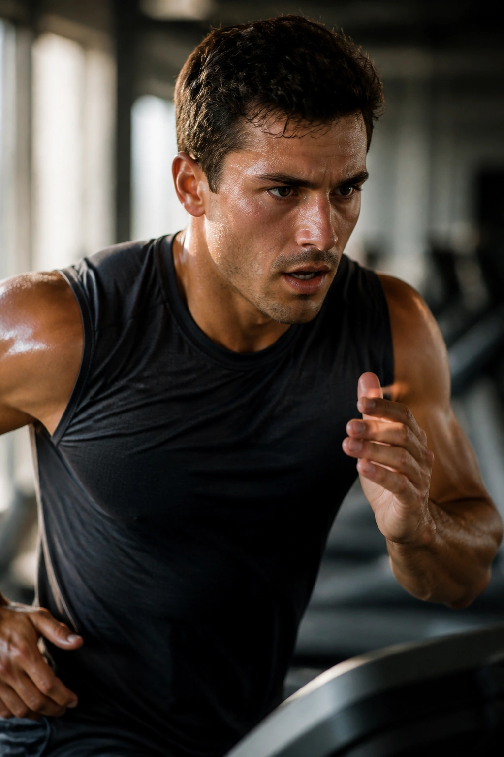 Real person sprinting on treadmill during a 20-minute HIIT workout in a gym